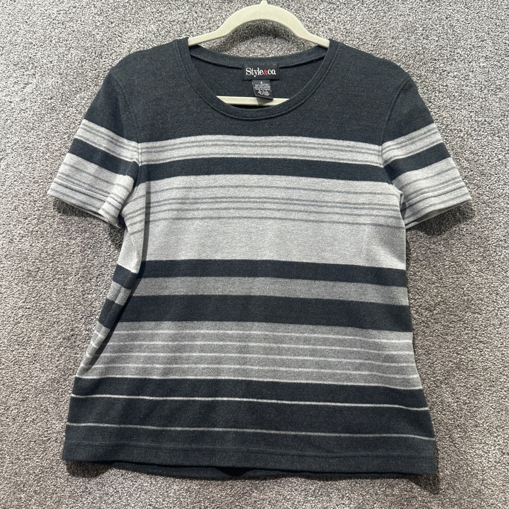 VTG 90s Style & Co Crew Neck Tshirt Womens Small Gray Striped Short Sleeve Comfy